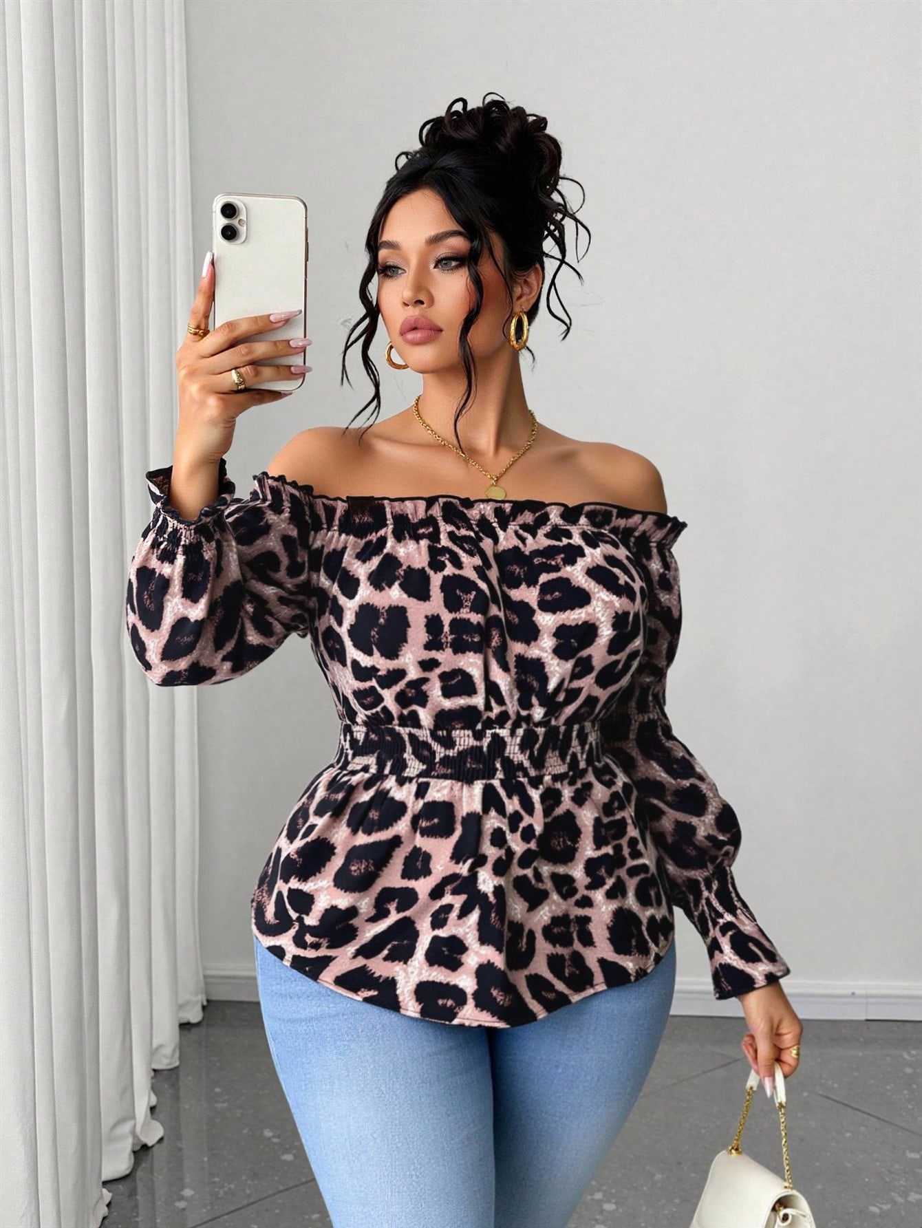 Plus Size Women Leopard Print  - огляд і ціна Off Shoulder Blouse