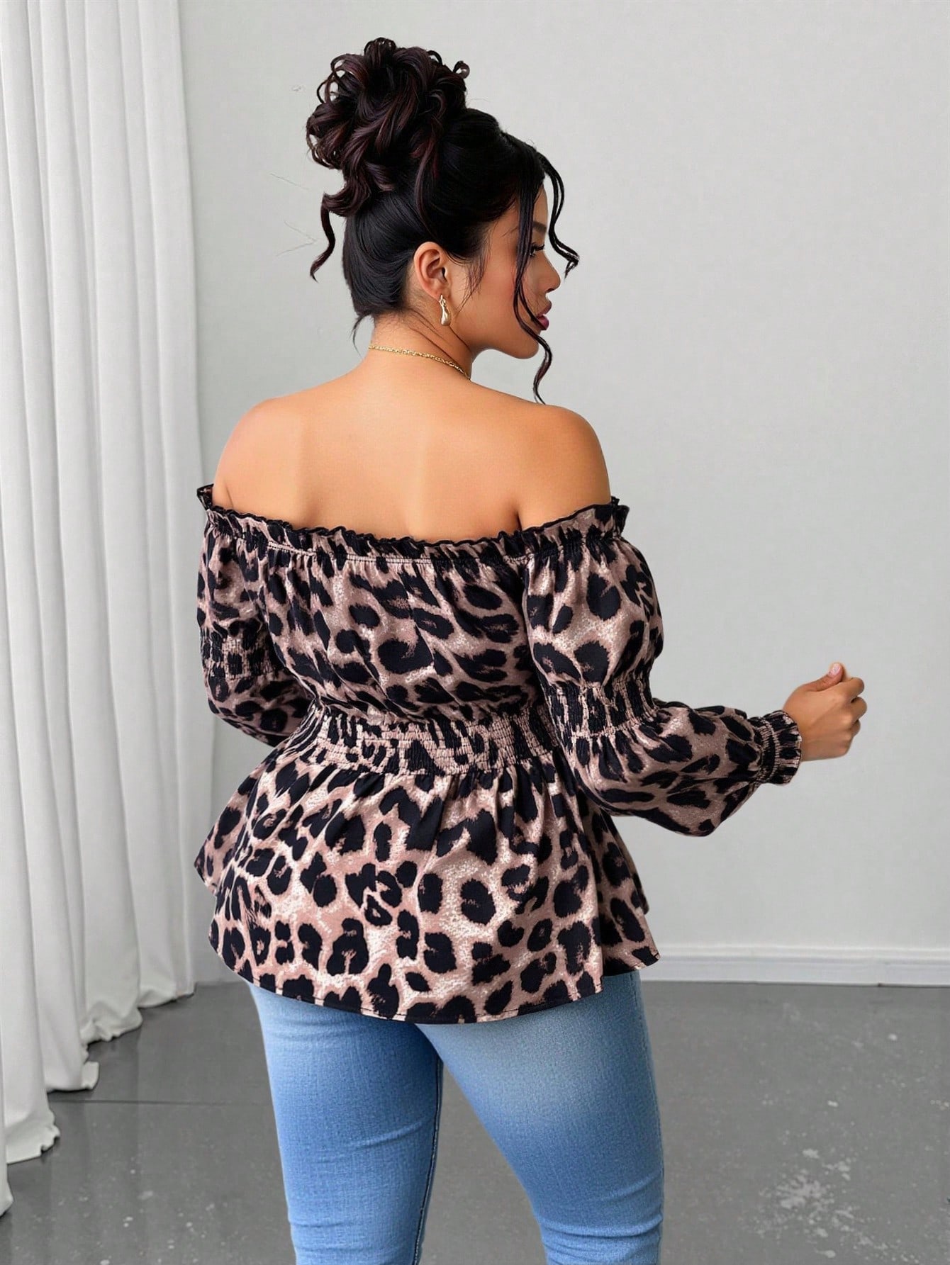 Plus Size Women Leopard Print  - огляд і ціна Off Shoulder Blouse