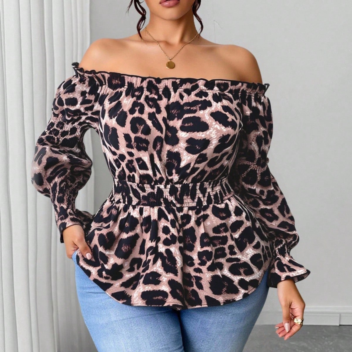 Plus Size Women Leopard Print  - огляд і ціна Off Shoulder Blouse