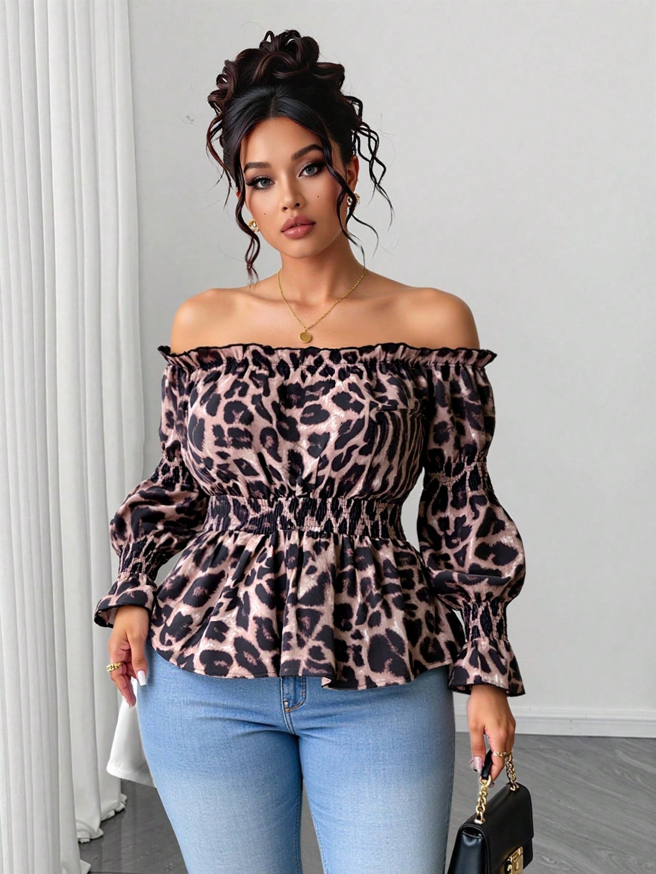 Plus Size Women Leopard Print  - огляд і ціна Off Shoulder Blouse